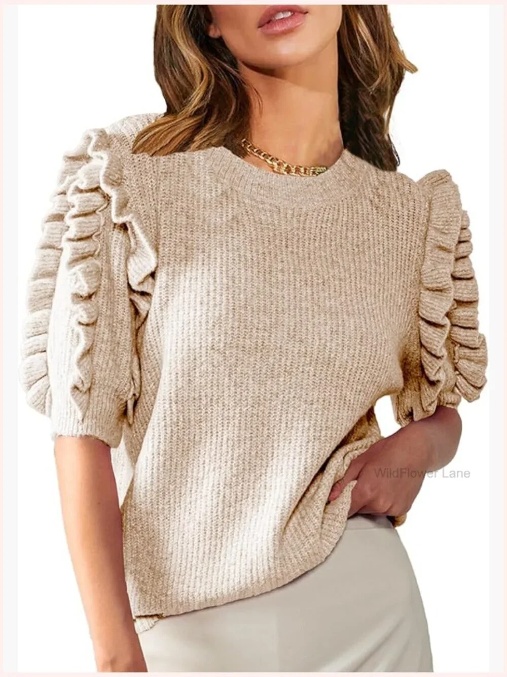 Ruffle Sleeve Sweater Crew Neck Ribbed Knit Pullover Trendy Blouse